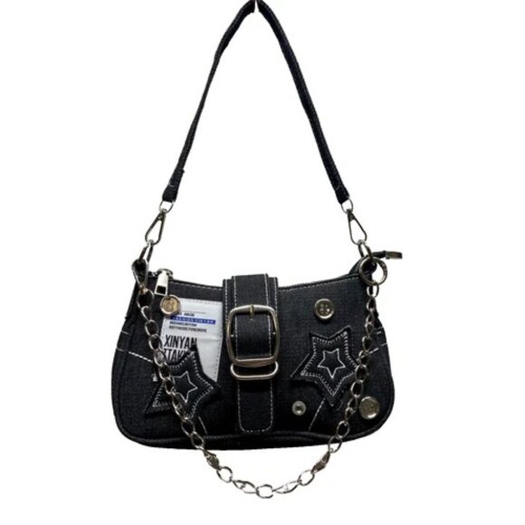 Y2K Star Denim Shoulder Bag Retro Black Underarm Cloth Purse Splicing Chain New - Picture 1 of 15